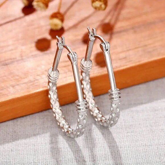 925 Sterling Silver Drop Hoop Earrings - Picture 3 of 8
